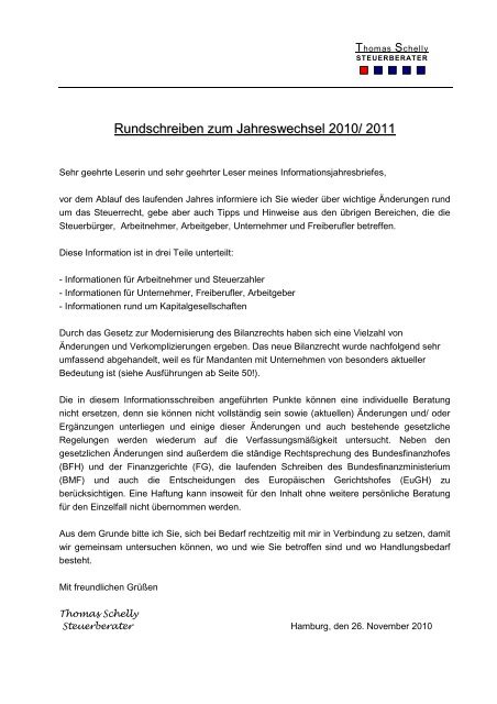 Rundschreiben zum Jahreswechsel 2010/ 2011 - Steuerberater ...