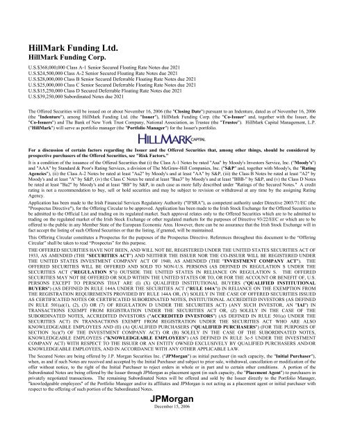 HillMark Funding Ltd. JPMorgan - Irish Stock Exchange