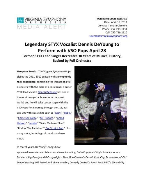 Legendary STYX Vocalist Dennis DeYoung to Perform with VSO ...
