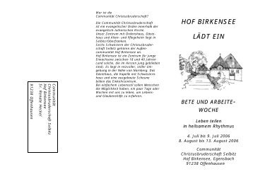 HOF BIRKENSEE LÄDT EIN BETE UND ARBEITE- WOCHE