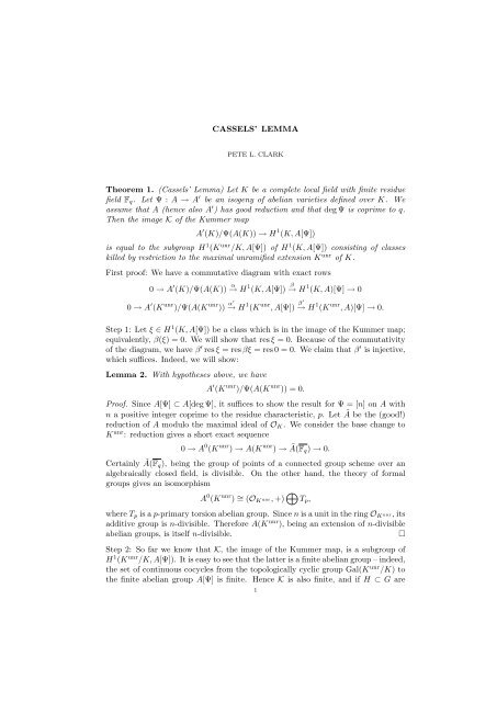 CASSELS' LEMMA Theorem 1. (Cassels' Lemma) Let K be a ...