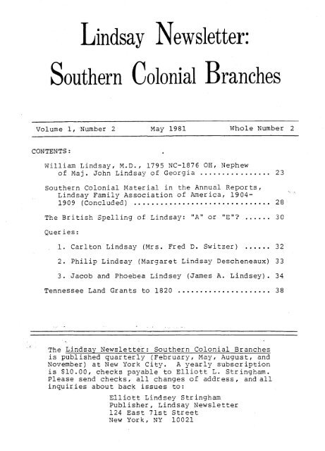 Lindsay Newsletter Southern Colonial Branches
