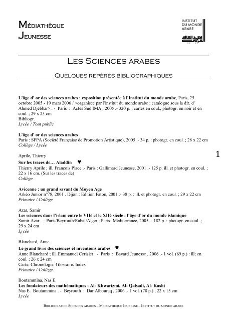 Bibliographie Sciences arabes - Institut du Monde Arabe