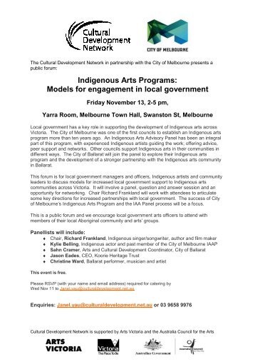 Indigenous Arts Programs Forum 13 Nov - Cultural Development Network