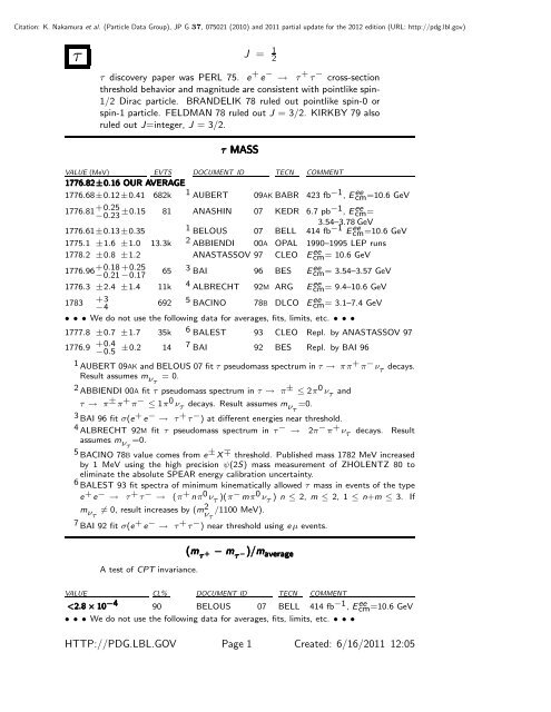 Tau Particle Data Group