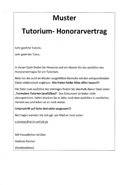 Muster Tutorium Honorarvertrag Hochschule Anhalt