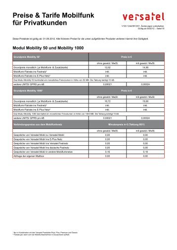 Preise & Tarife Mobilfunk für Privatkunden - Versatel