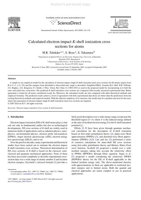 Calculated electron impact K-shell ionization cross sections for atoms