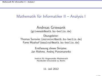 Mathematik für Informatiker II – Analysis I - Institut fuer Mathematik ...