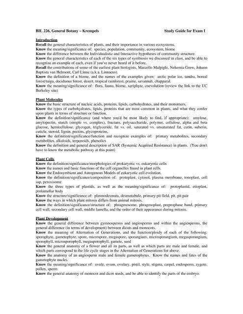 BIL 226, General Botany Ã¢Â€Â“ Krempels Study Guide for Exam I ...