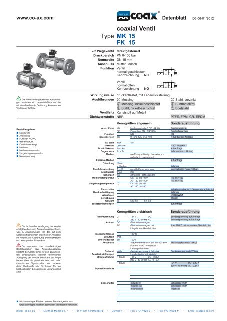 Type coaxial Ventil MK 15 FK 15 - müller co-ax ag