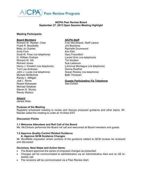 Peer R View Board AICPA Peer Review Board September 27, 2013 Open Session ...