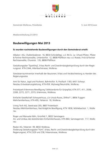 Baubewilligungen Mai 2013 - Gemeinde Wollerau