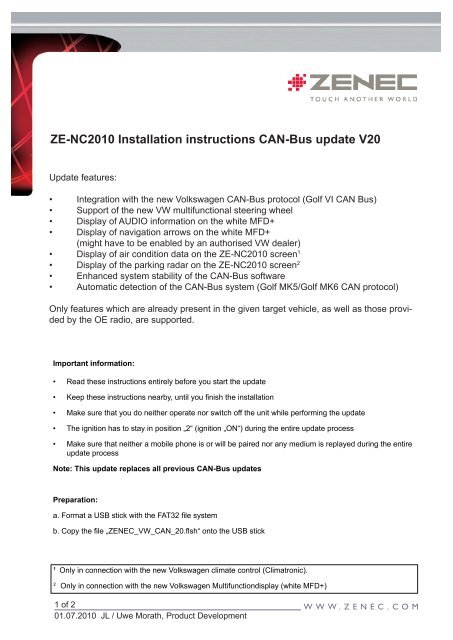 ZE-NC2010 Installation instructions CAN-Bus update V20 - Zenec