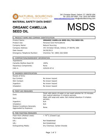 (MSDS) Organic Camellia Seed Oil - Natural Sourcing, LLC