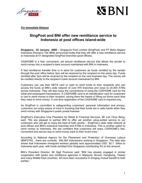 Singpost And Bni Offer New Remittance Service To Singapore Post