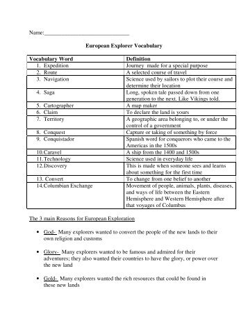 European Explorer Vocabulary Vocabulary Word Definition 1 ...