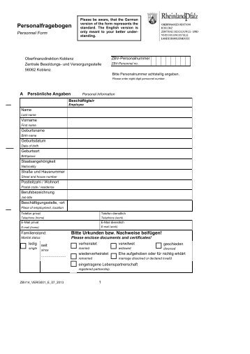 Personalfragebogen - Personnel Form - Zentralen Besoldungs
