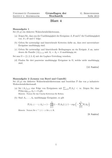 Blatt 4 - Institut fÃ¼r Mathematik - UniversitÃ¤t Paderborn