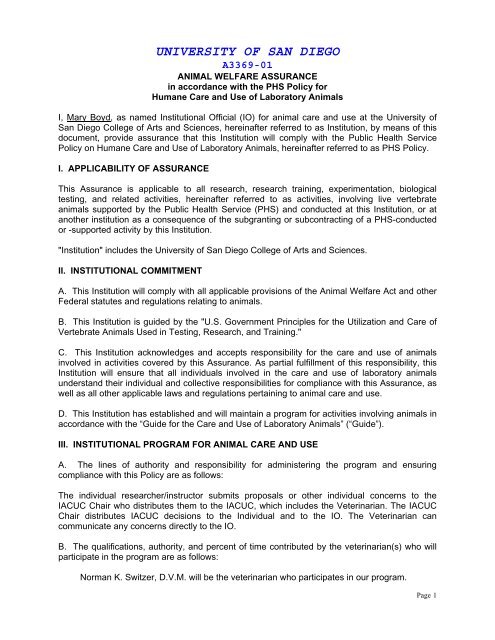 SAMPLE ANIMAL WELFARE ASSURANCE In accordance with PHS ... SAMPLE ANIMAL WELFARE ASSURANCE In accordance with PHS ...