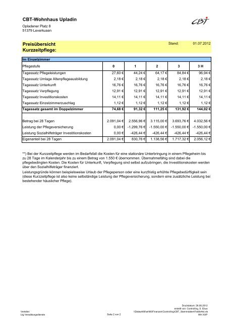 Cbt-Wohnhaus Upladin Preisübersicht Wohnen mit Pflege ...