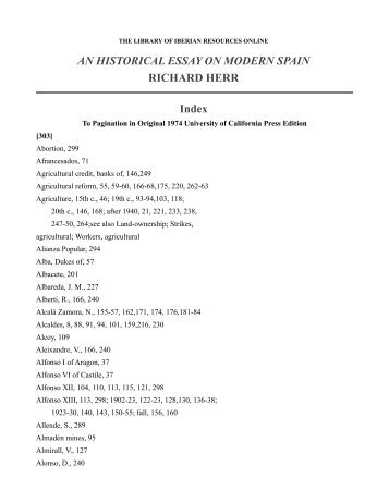 AN HISTORICAL ESSAY ON MODERN SPAIN RICHARD HERR Index