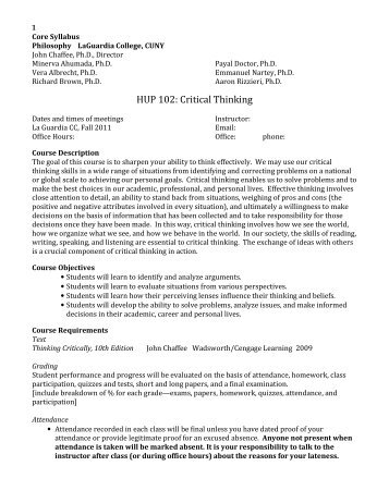 HUP 102: Critical Thinking - LaGuardia Community College - CUNY