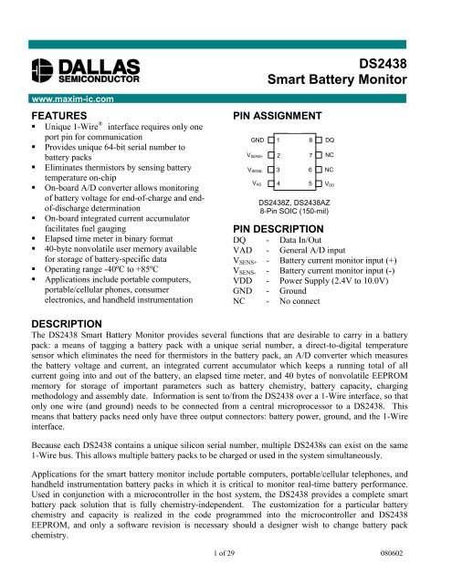 DS2438 Smart Battery Monitor - Datasheet Catalog