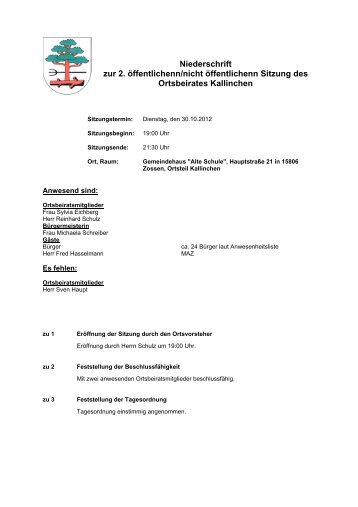 Niederschrift zur 2. Ã¶ffentlichenn/nicht Ã¶ffentlichenn ... - Stadt Zossen