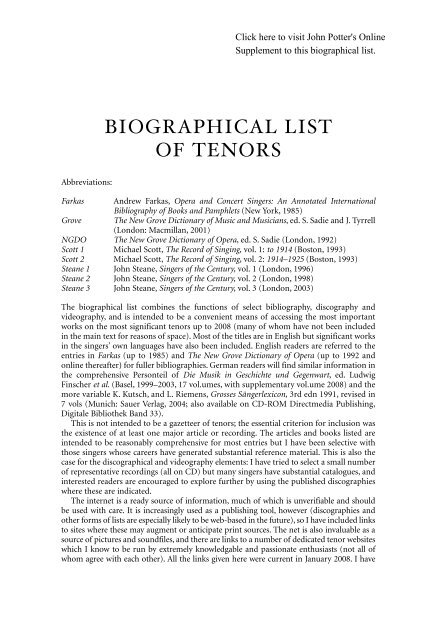 BIOGRAPHICAL LIST OF TENORS - Yale University Press