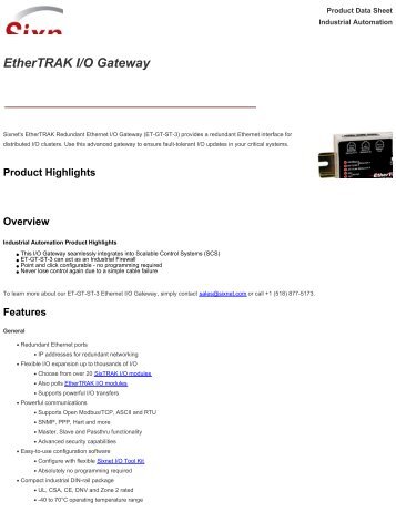 EtherTRAK I/O Gateway - Sixnet