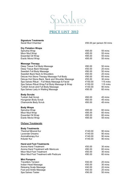 Pillo hotel outlet spa price list