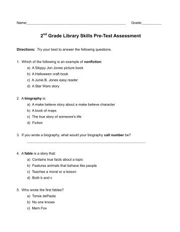 2 Grade Library Skills Pre-Test Assessment