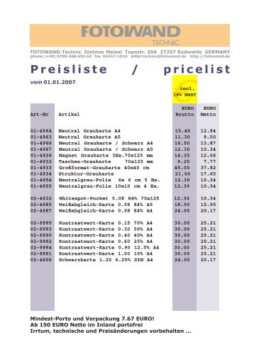 Preisliste / pricelist - FOTOWAND-Technic Dietmar Meisel