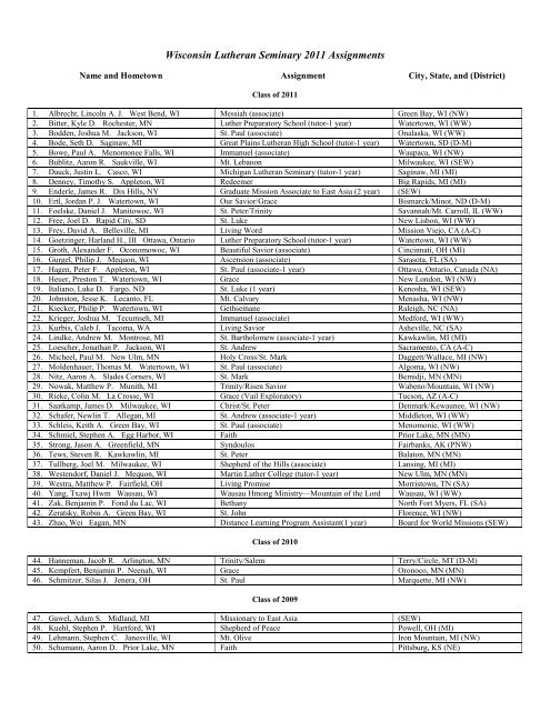 2011 Graduate and Vicar Assignments - Wisconsin Lutheran Seminary