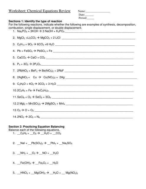 Balancing Equations And Types Of Reactions Worksheet Answers Http 