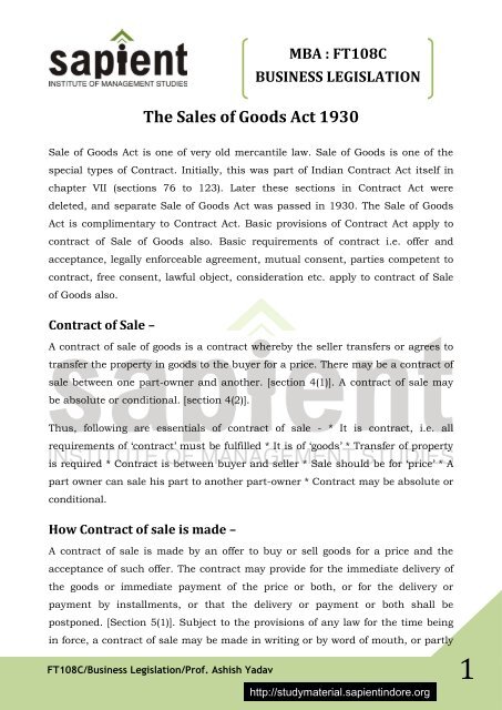 The Sales of Goods Act 1930