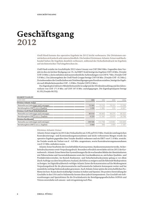 Orell FÃ¼ssli GeschÃ¤ftsbericht 2012 - orell fÃ¼ssli holding ag