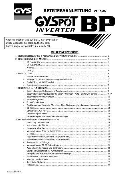 GYS GYSPOT INVERTER BP-LCX Betriebsanleitung