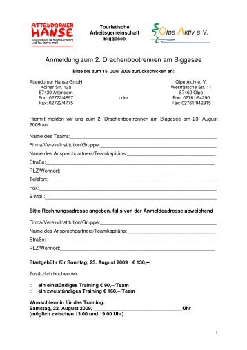Anmeldung zum 2. Drachenbootrennen am Biggesee - Olpe Aktiv eV