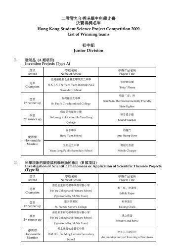 二零零九年香港學生科學比賽決賽得獎名單Hong Kong Student ...