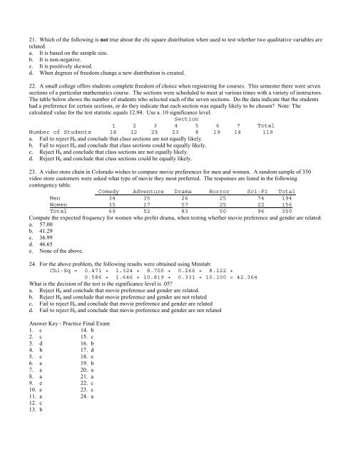 Practice Final Exam â STCC204 The following are the ... - Statistics