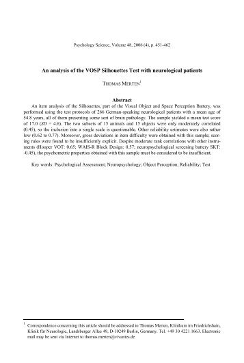 An analysis of the VOSP Silhouettes Test with neurological patients