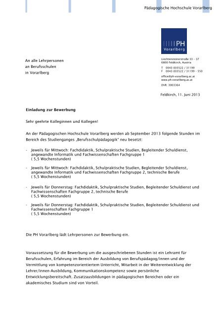 PÃ¤dagogische Hochschule Vorarlberg Einladung zur Bewerbung ...