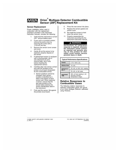 Orion Multigas Detector Combustible Sensor (20F) Replacement Kit ...