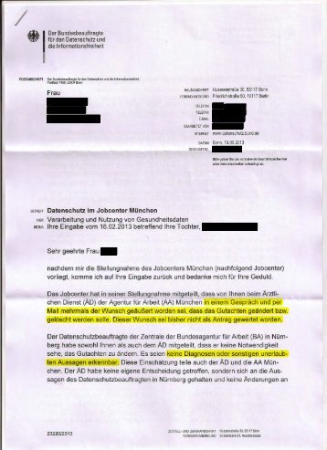 Frau BETREFF Datenschutz im Jobcenter München HIER Verarbeitung ...