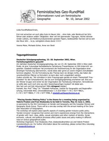 Nr. 10, Januar 2002 - AK Geographie und Geschlecht