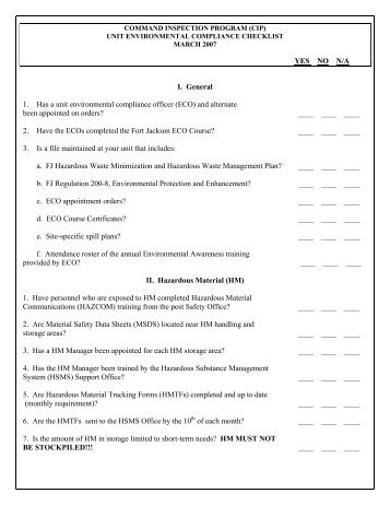 (CIP) Unit Environmental Compliance Checklist - Fort Jackson