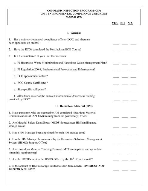 (CIP) Unit Environmental Compliance Checklist - Fort Jackson