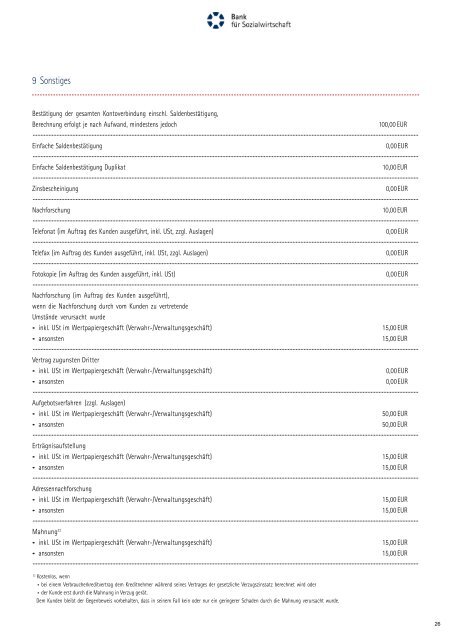 Preis- und Leistungsverzeichnis - Bank für Sozialwirtschaft